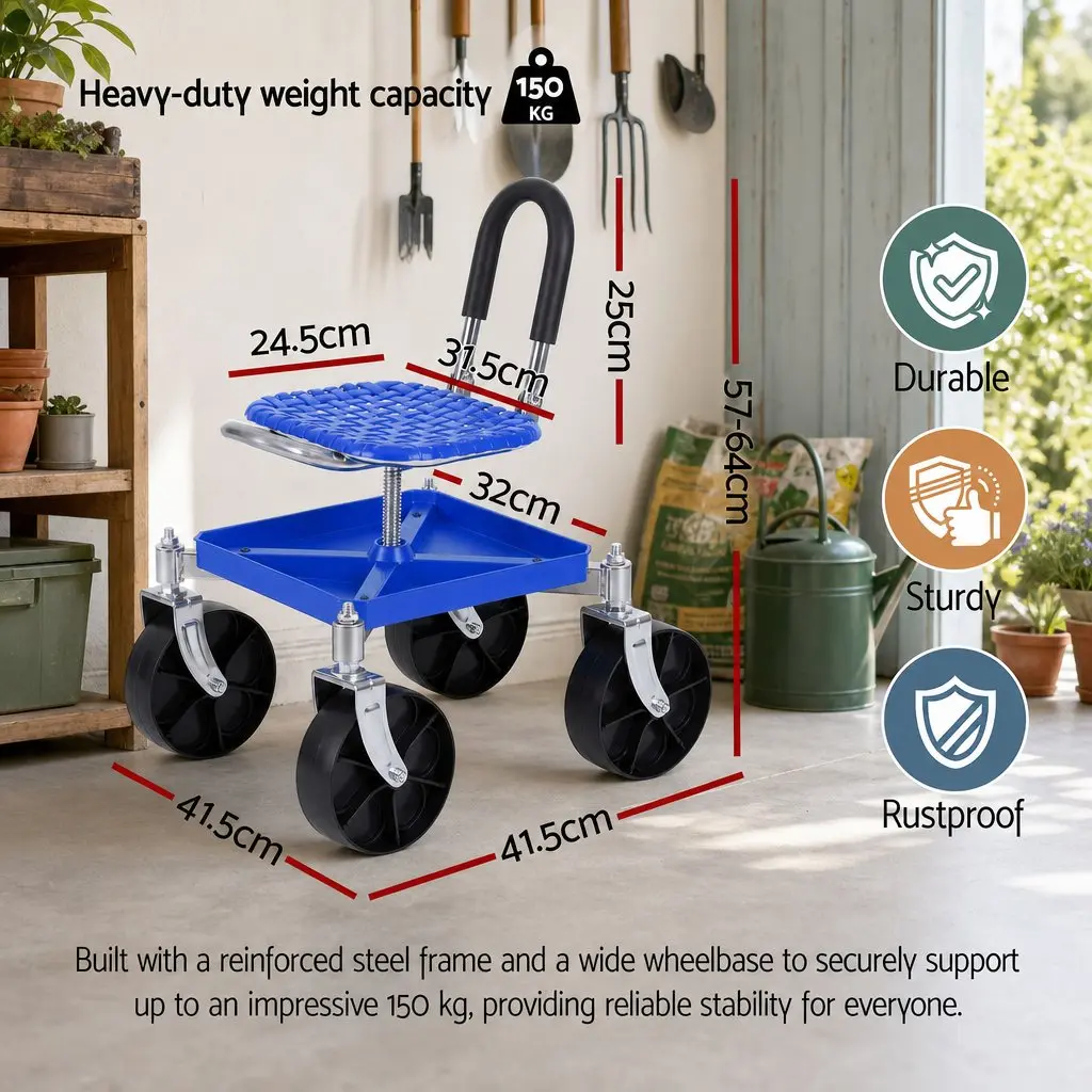 Garden Rolling Seat Stool Height Adjustable 360 Swivel Blue