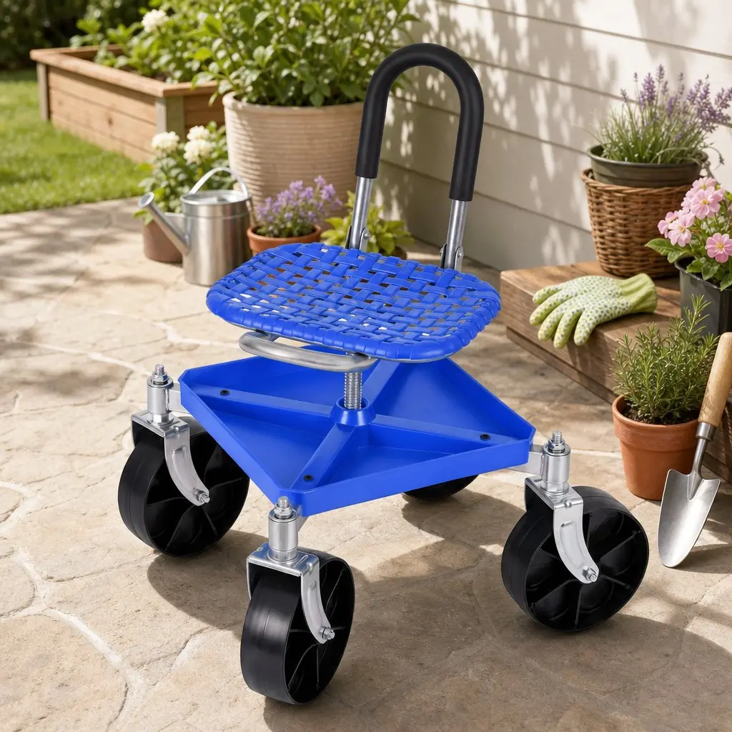 Garden Rolling Seat Stool Height Adjustable 360 Swivel Blue