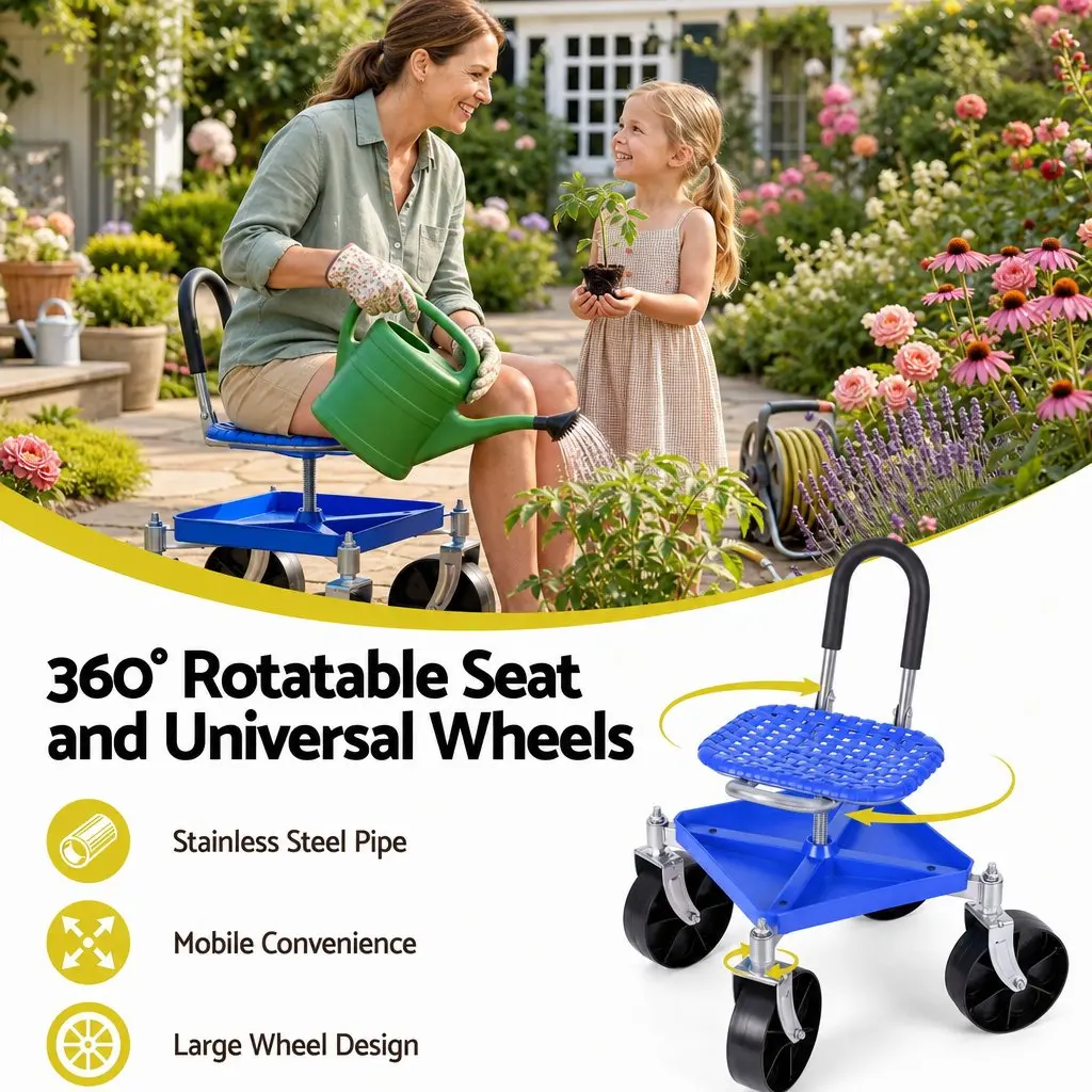 Garden Rolling Seat Stool Height Adjustable 360 Swivel Blue