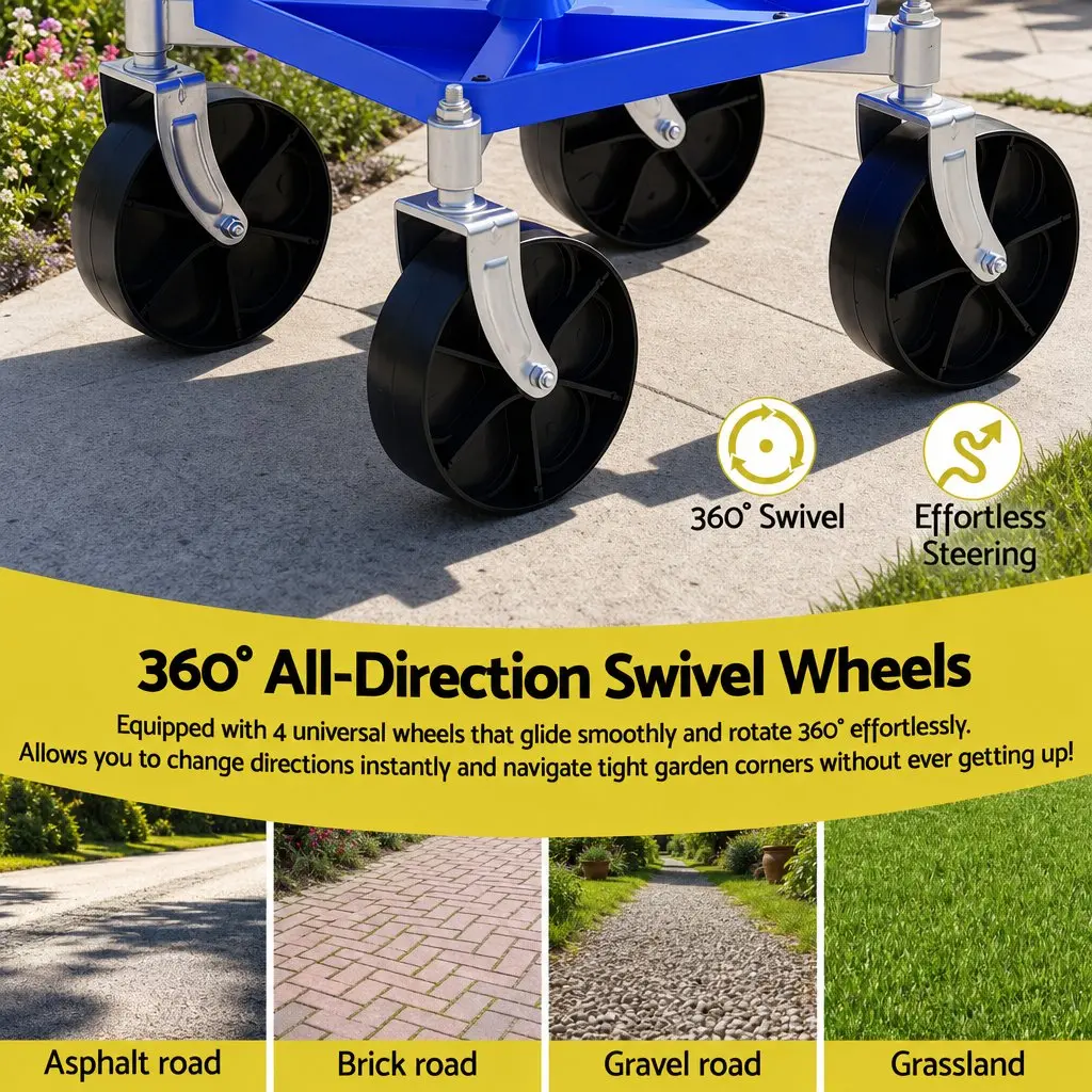 Garden Rolling Seat Stool Height Adjustable 360 Swivel Blue
