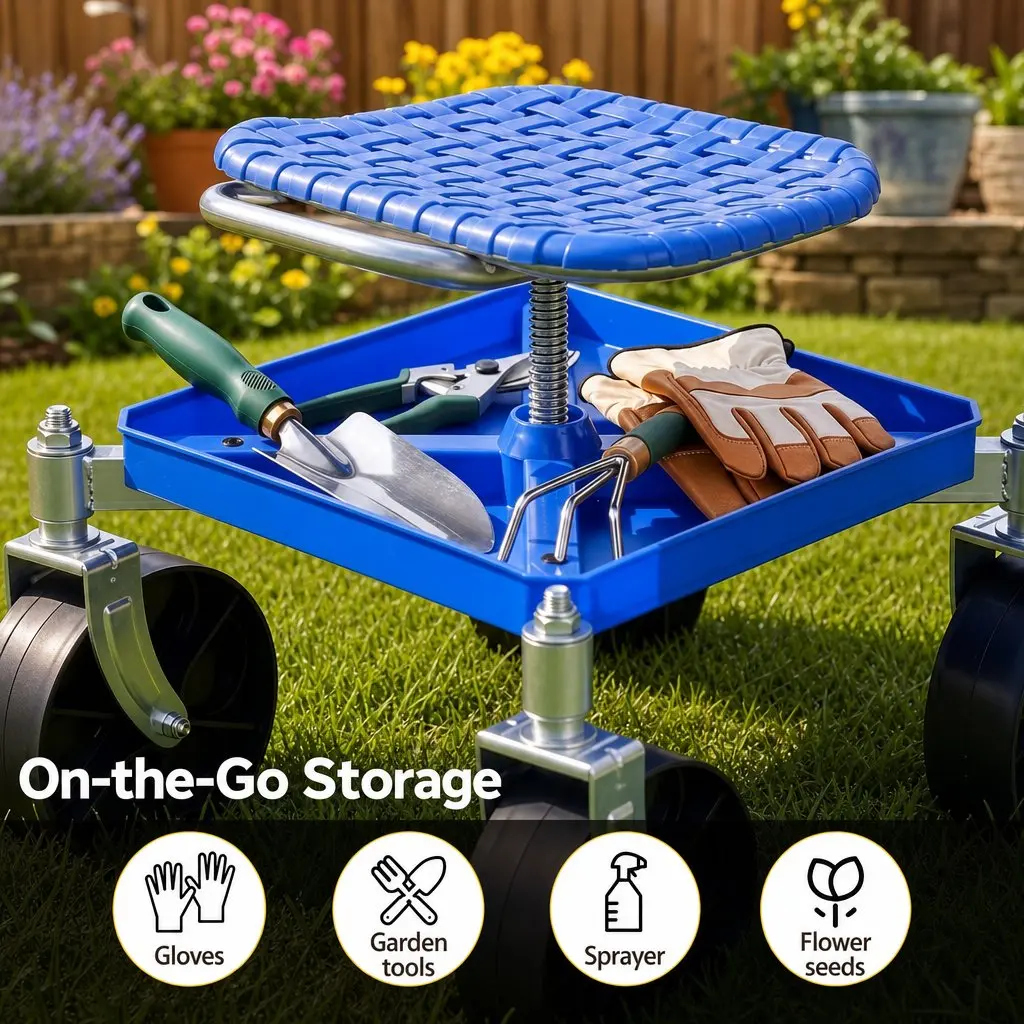 Garden Rolling Seat Stool Height Adjustable 360 Swivel Blue