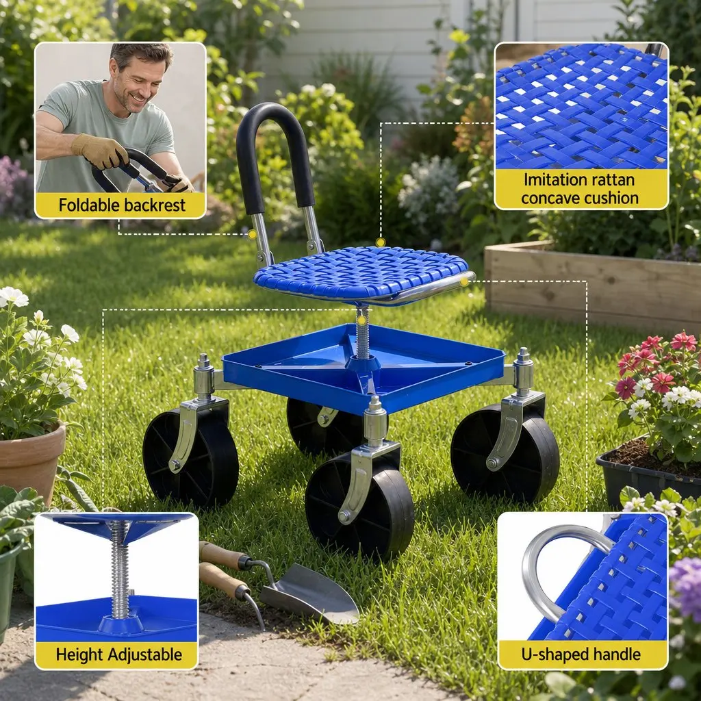 Garden Rolling Seat Stool Height Adjustable 360 Swivel Blue