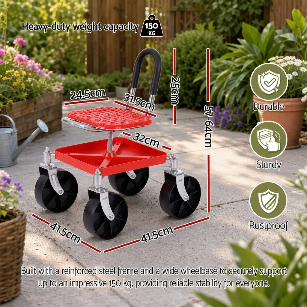 Garden Stool Rolling Seat Height Adjustable 360 Swivel Red