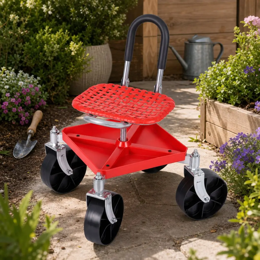 Garden Stool Rolling Seat Height Adjustable 360 Swivel Red