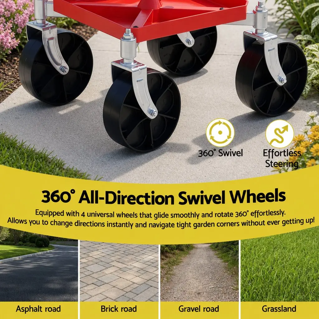 Garden Stool Rolling Seat Height Adjustable 360 Swivel Red