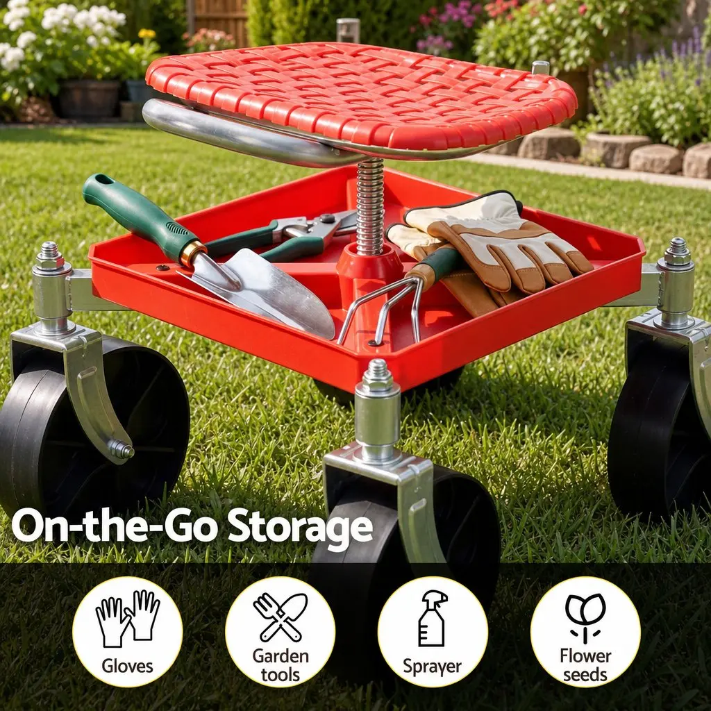 Garden Stool Rolling Seat Height Adjustable 360 Swivel Red