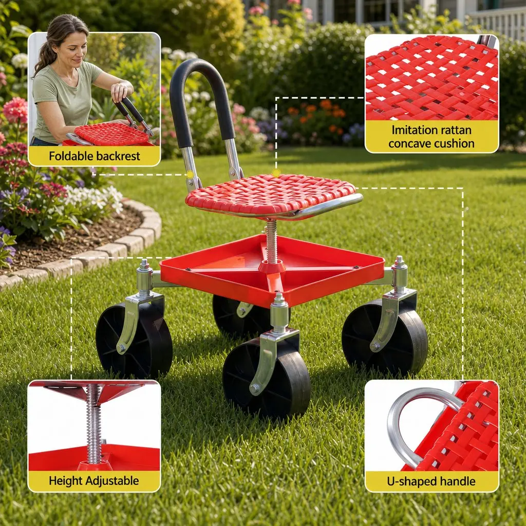 Garden Stool Rolling Seat Height Adjustable 360 Swivel Red