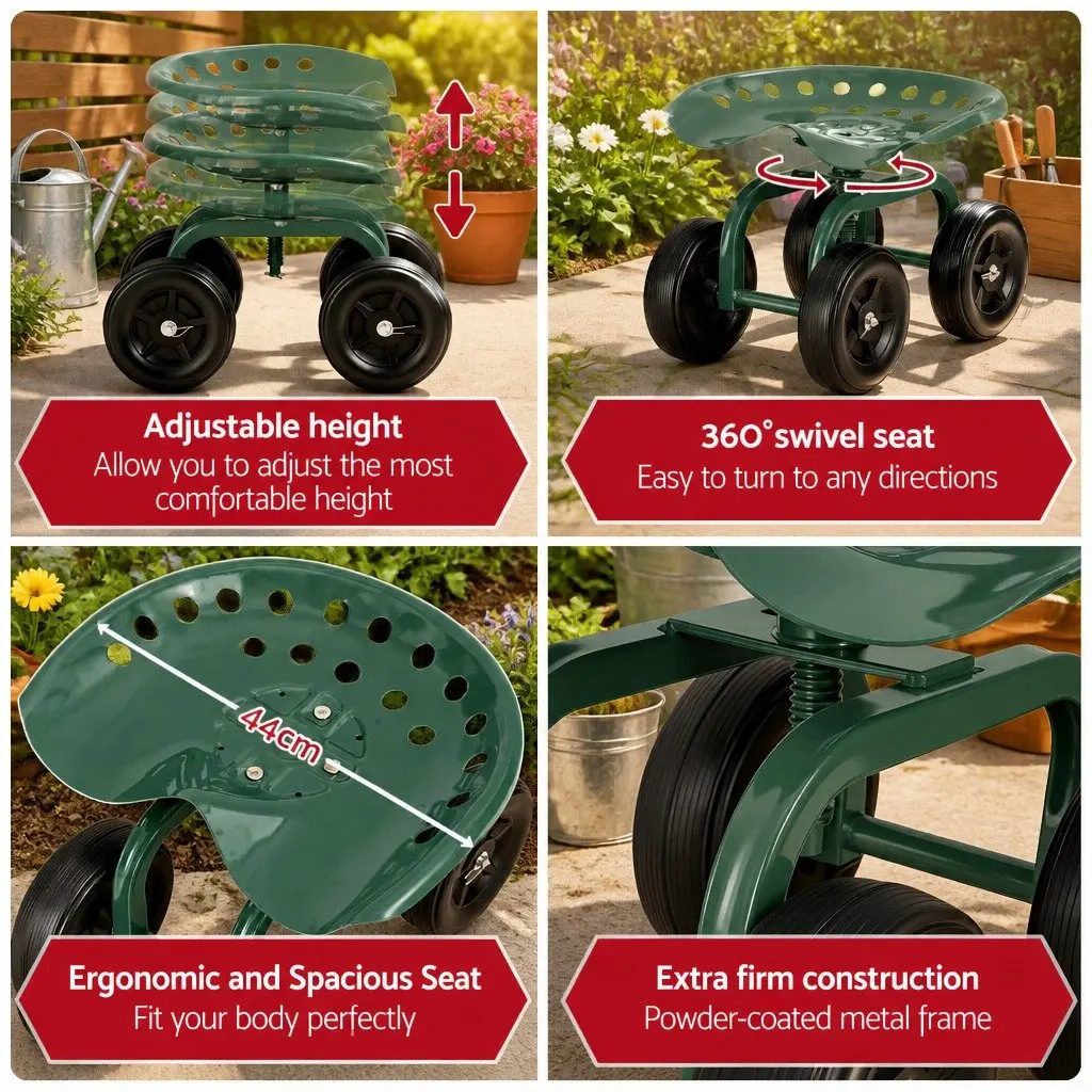 Rolling Garden Seat Swivel Work Stool Adjustable Height 48x29x37cm Green Black