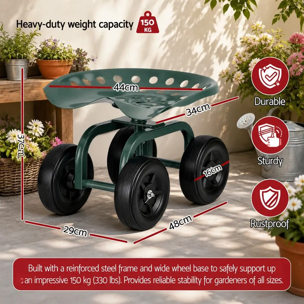 Rolling Garden Seat Swivel Work Stool Adjustable Height 48x29x37cm Green Black