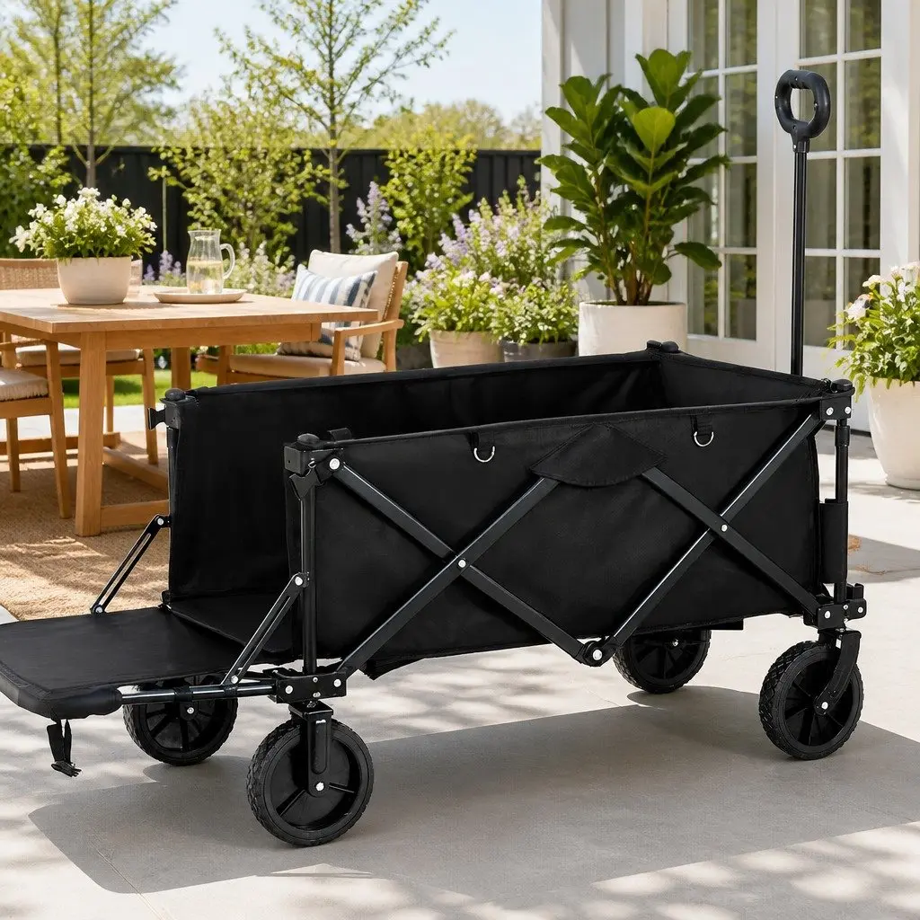 Folding Garden Trolley Cart Outdoor Shopping Gardening Black 92cm x 48cm x 61cm
