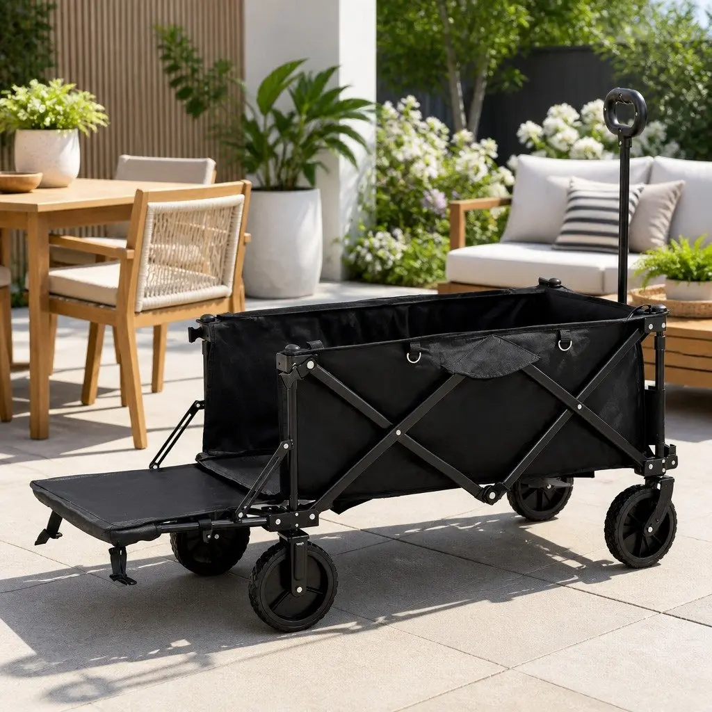Folding Garden Trolley Cart Outdoor Shopping Gardening Black 92cm x 48cm x 61cm