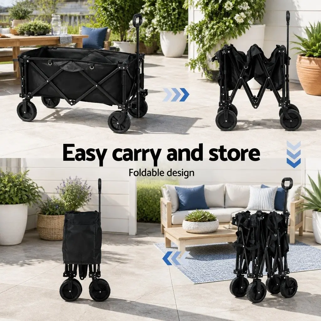 Folding Garden Trolley Cart Outdoor Shopping Gardening Black 92cm x 48cm x 61cm