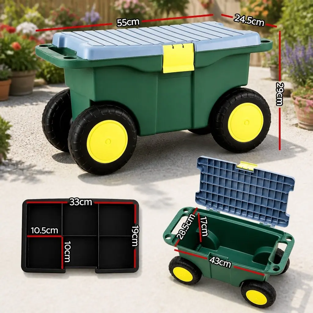 Garden Storage Cart 3-in-1 Tool Box Seat Removable Tray Wheels Green