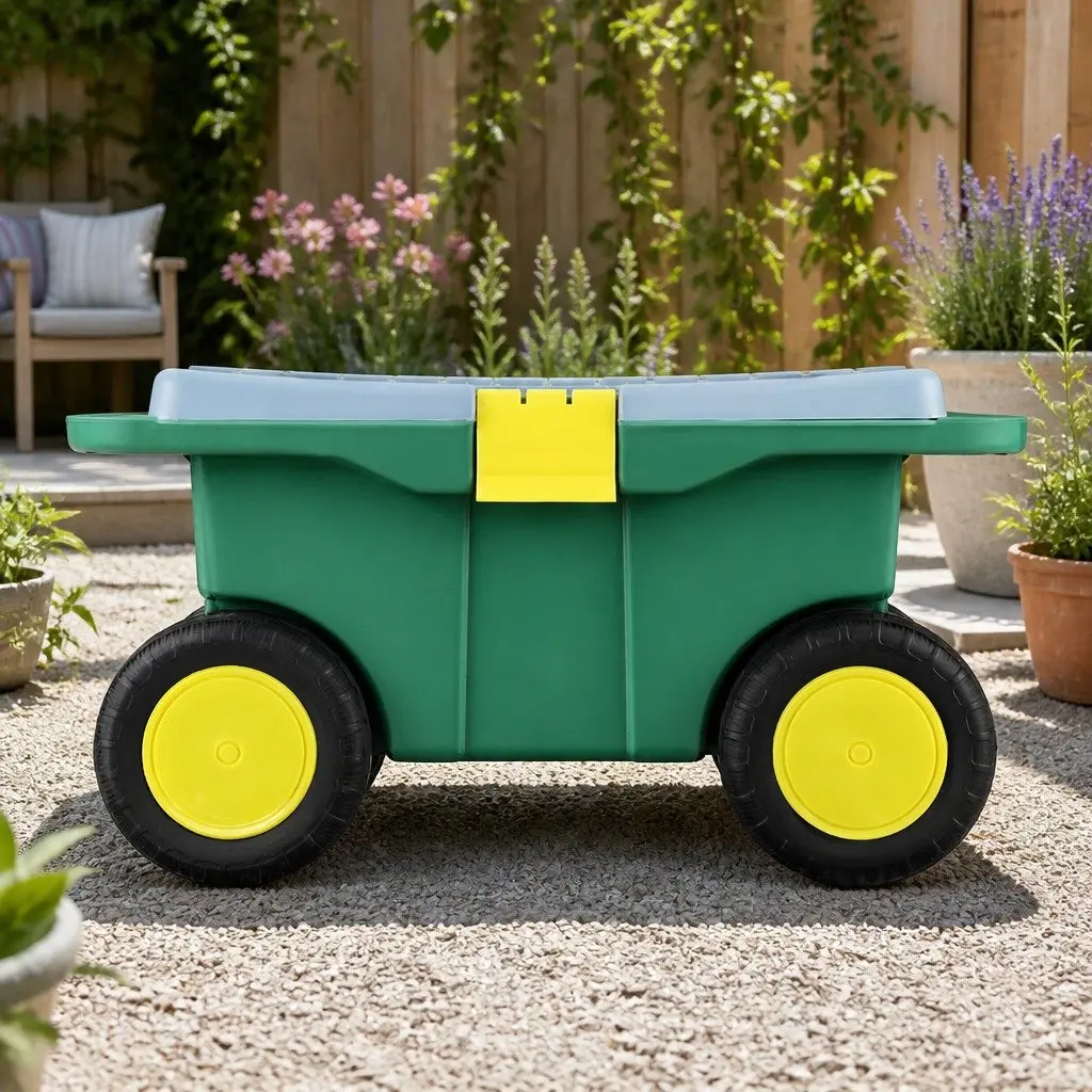 Garden Storage Cart 3-in-1 Tool Box Seat Removable Tray Wheels Green