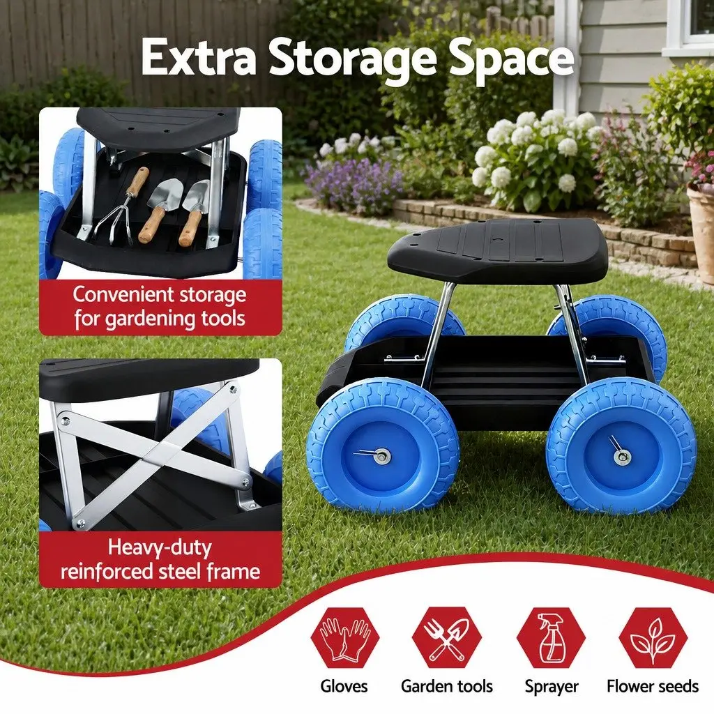 Garden Work Seat Rolling Stool with Tool Tray 46 x 48 x 33 cm Black or Blue