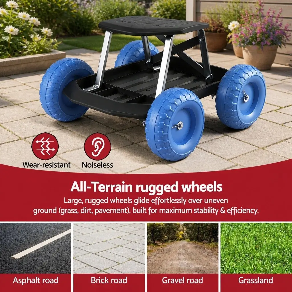 Garden Work Seat Rolling Stool with Tool Tray 46 x 48 x 33 cm Black or Blue