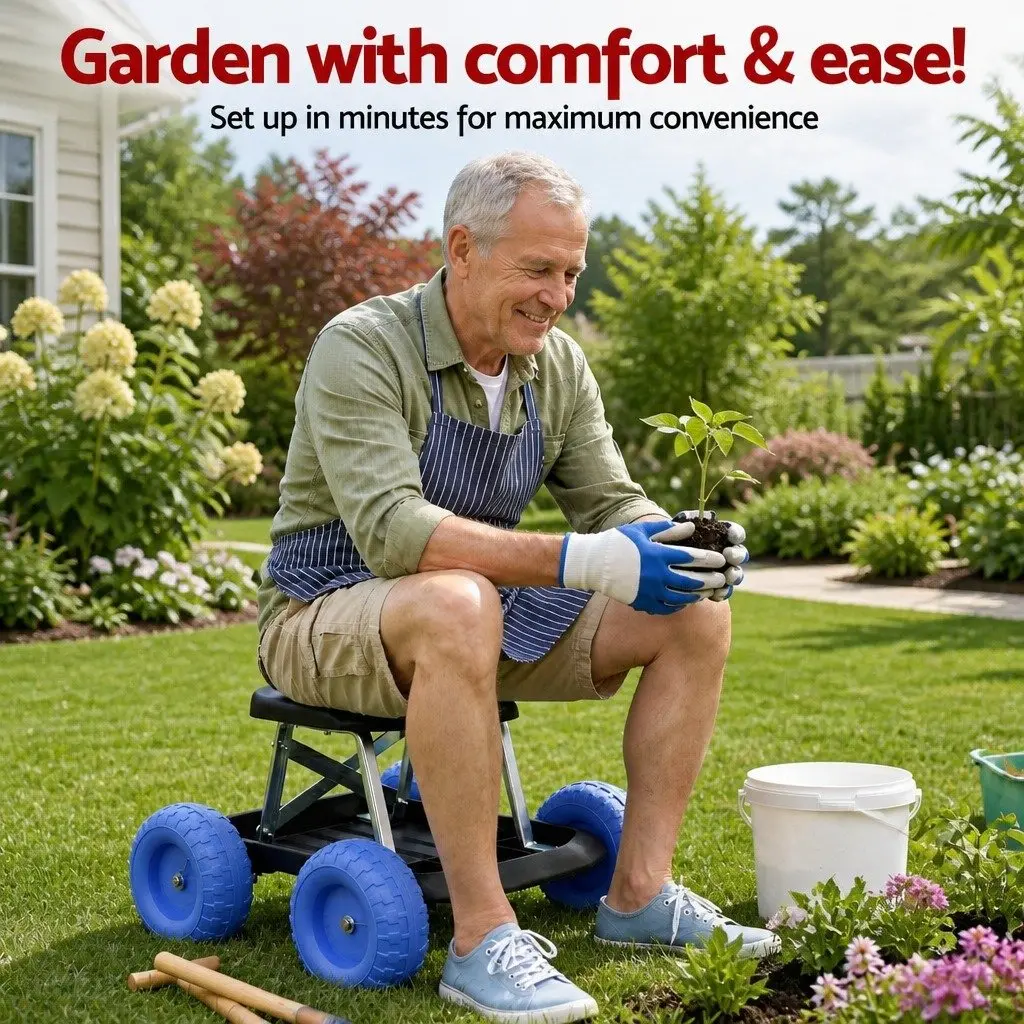 Garden Work Seat Rolling Stool with Tool Tray 46 x 48 x 33 cm Black or Blue