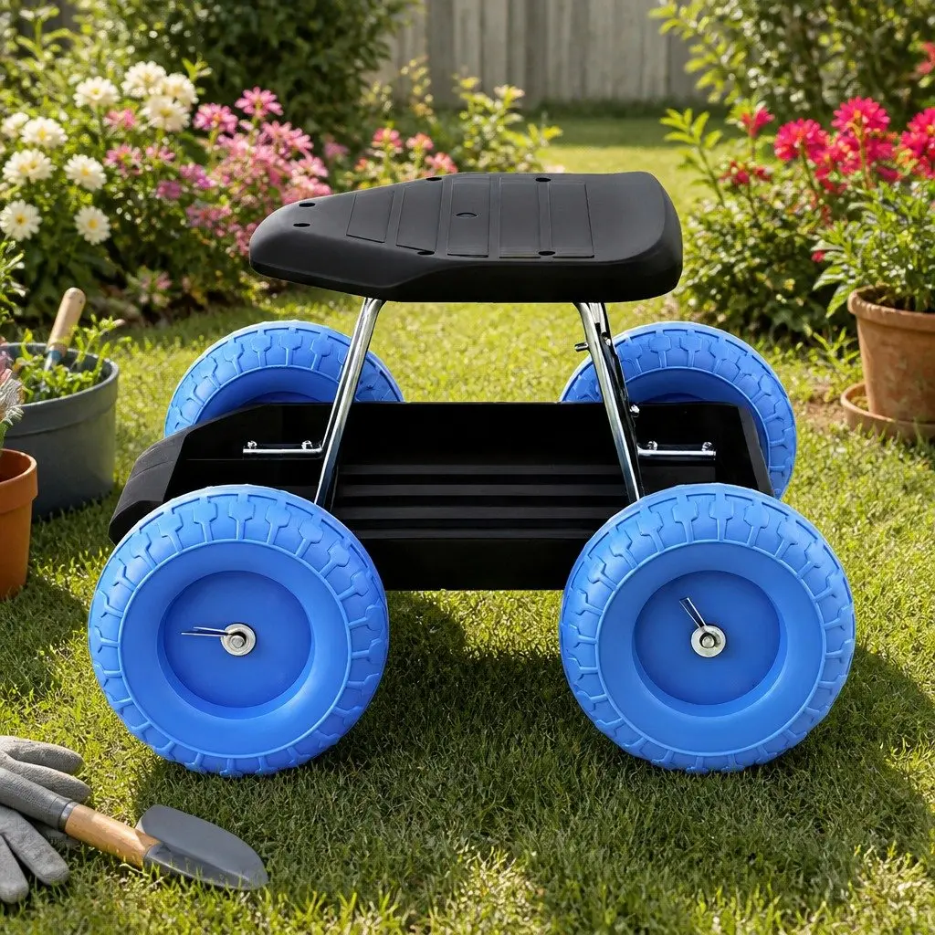 Garden Work Seat Rolling Stool with Tool Tray 46 x 48 x 33 cm Black or Blue