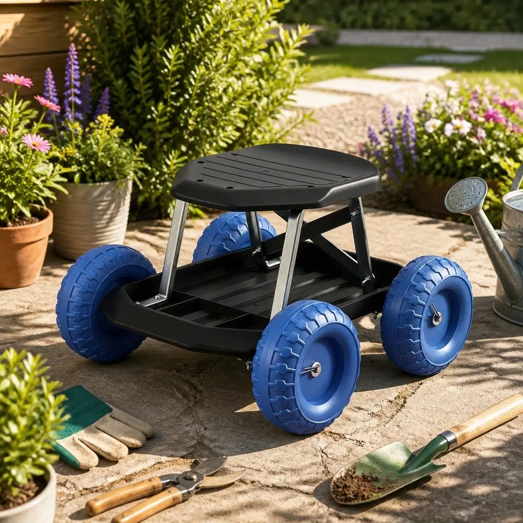 Garden Work Seat Rolling Stool with Tool Tray 46 x 48 x 33 cm Black or Blue
