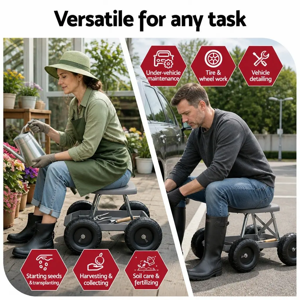 Garden Stool Rolling Seat Tool Storage Tray Heavy Duty Outdoor 46 x 48 x 33 cm Grey or Black