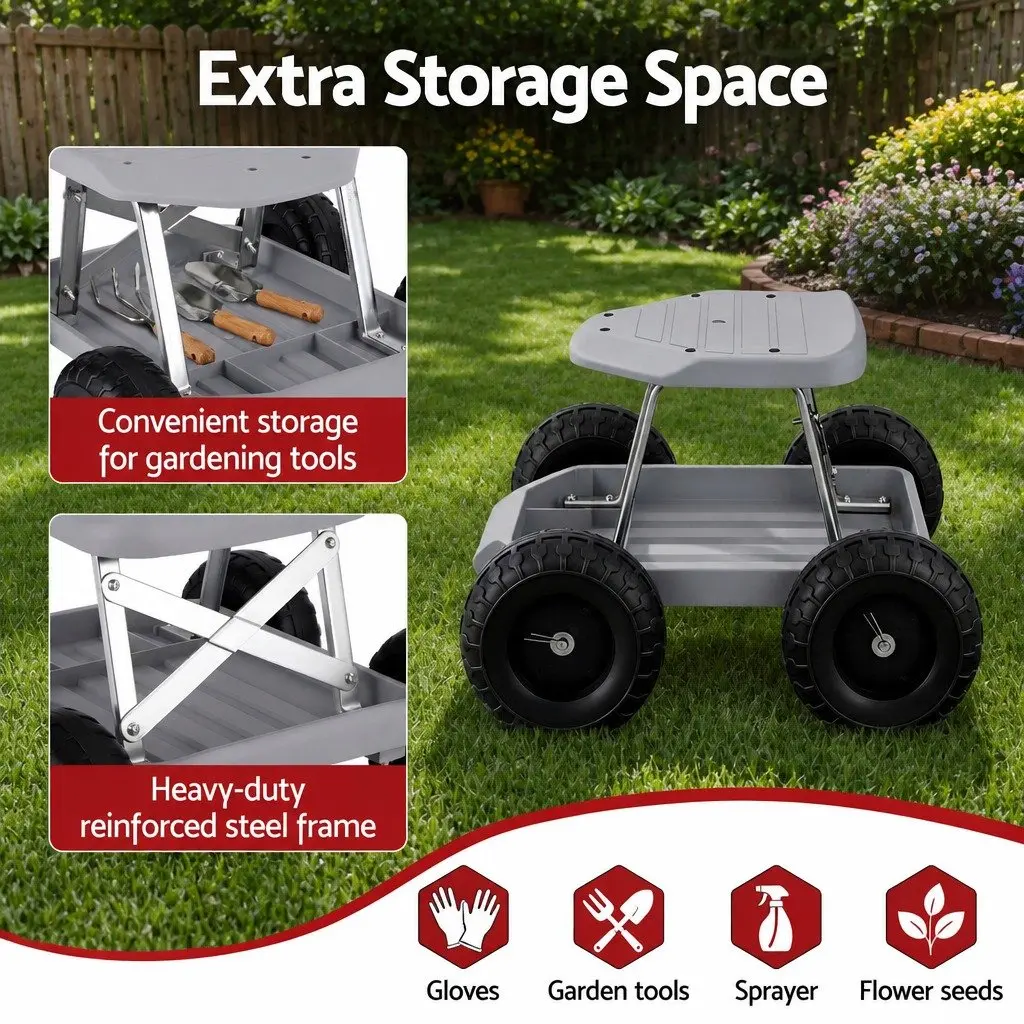 Garden Stool Rolling Seat Tool Storage Tray Heavy Duty Outdoor 46 x 48 x 33 cm Grey or Black