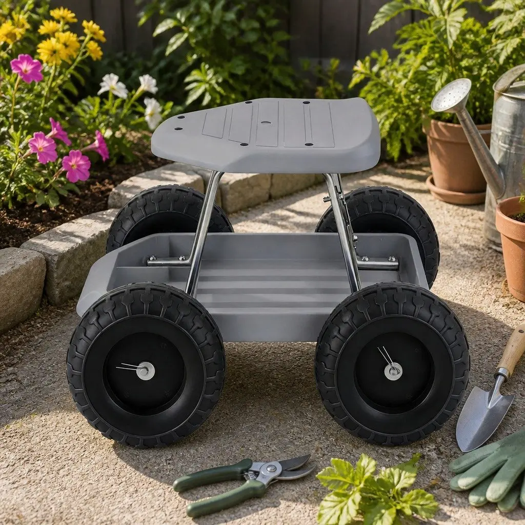 Garden Stool Rolling Seat Tool Storage Tray Heavy Duty Outdoor 46 x 48 x 33 cm Grey or Black