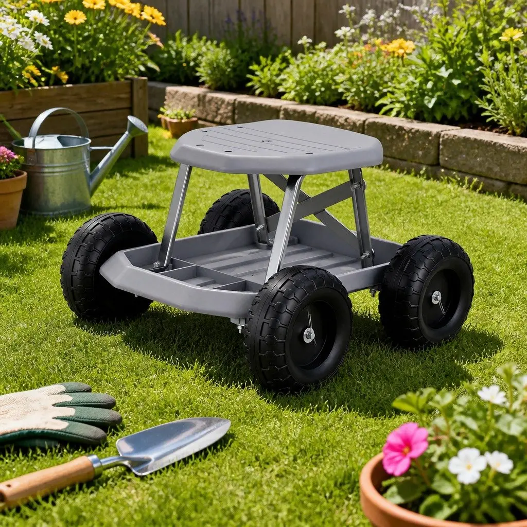 Garden Stool Rolling Seat Tool Storage Tray Heavy Duty Outdoor 46 x 48 x 33 cm Grey or Black
