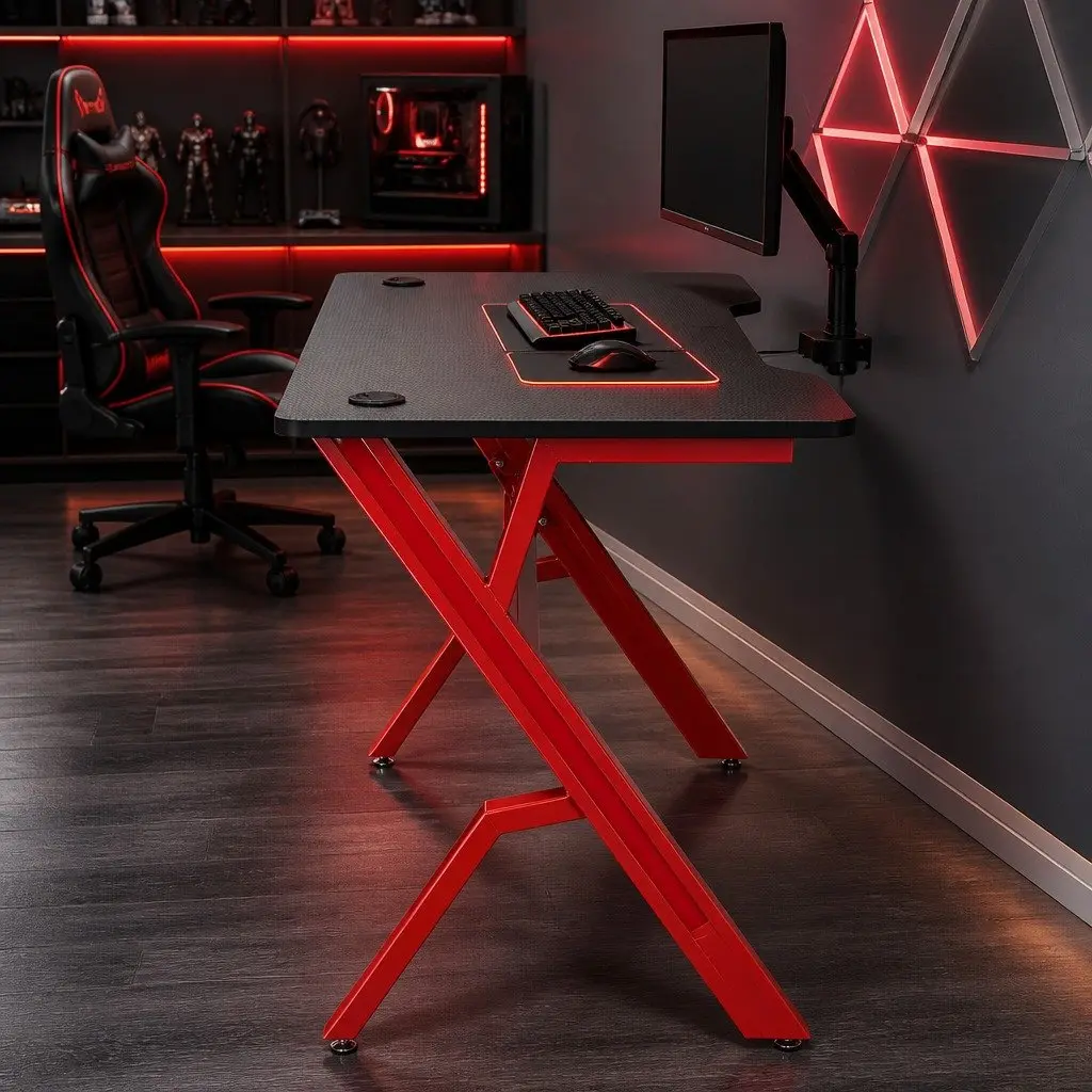 Gaming Desk Table 120cm Computer Workstation Carbon Fibre Red Black Office