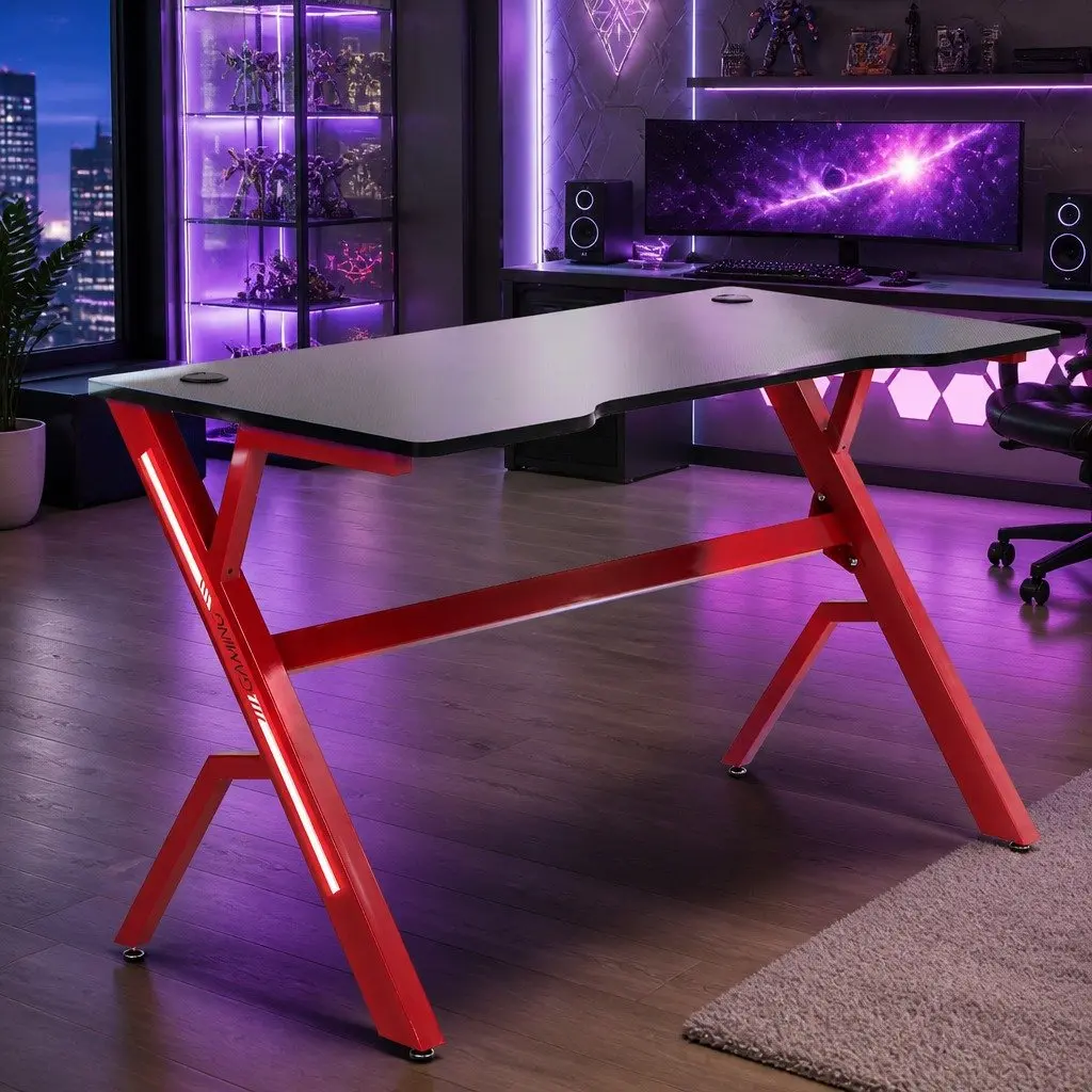 Gaming Desk Table 120cm Computer Workstation Carbon Fibre Red Black Office