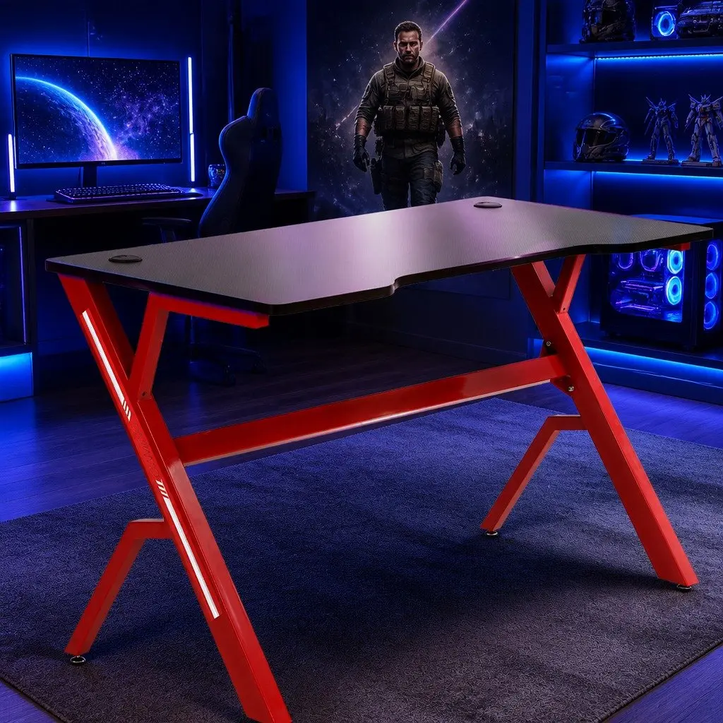 Gaming Desk Table 120cm Computer Workstation Carbon Fibre Red Black Office