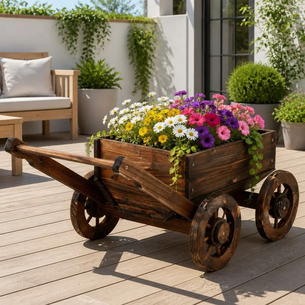 Wooden Planter Cart Garden Flower Display Wagon Four Wheels Plant Stand Outdoor