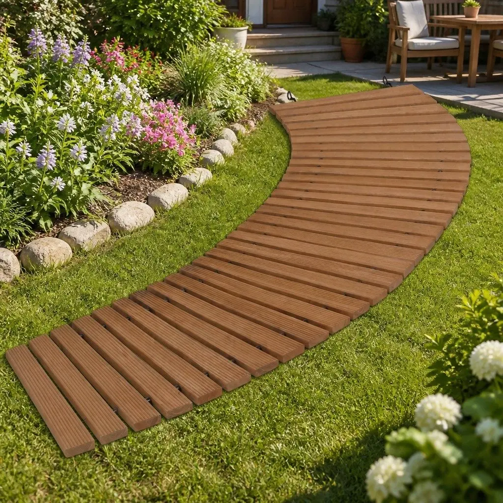 Garden Pathway Walkway 8FT Wooden Roll-Out Curved Outdoor Backyard Terrain Brown