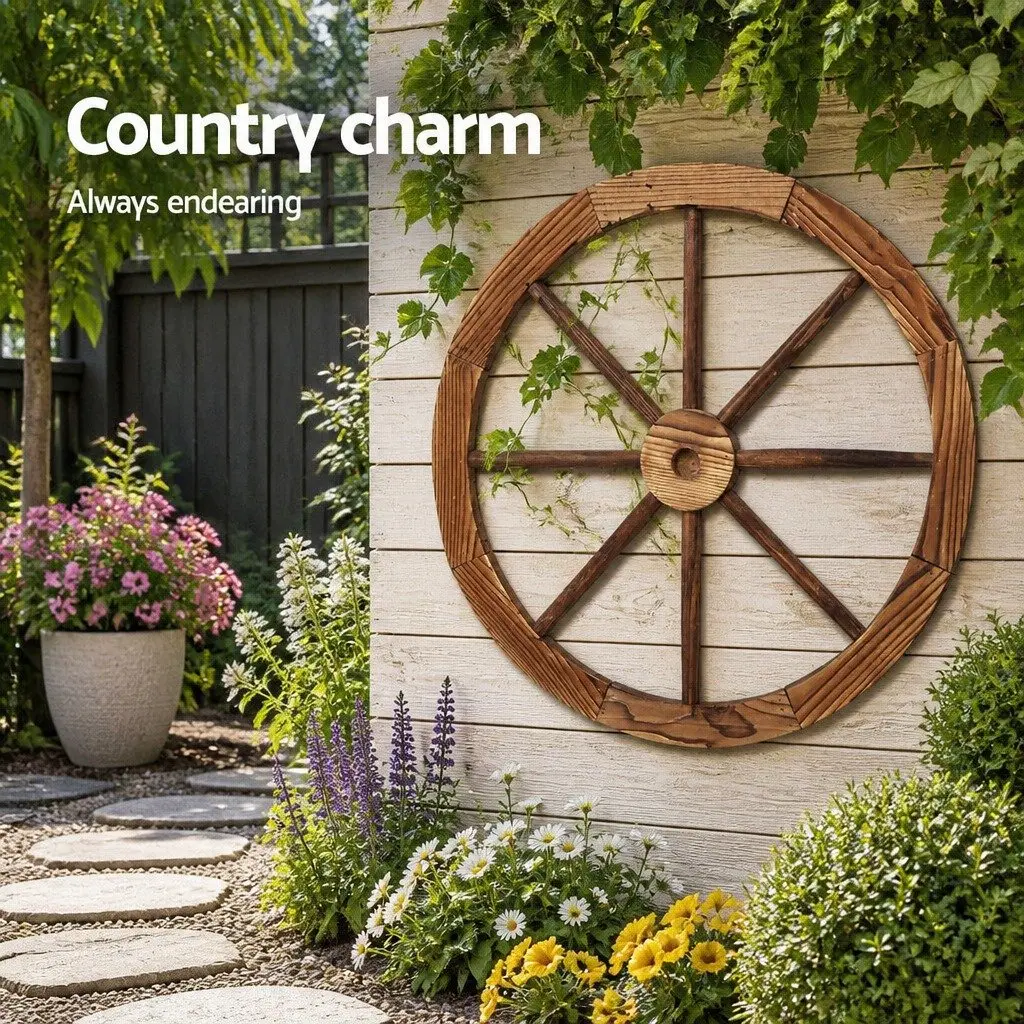 Garden Ornament Rustic Wooden Wagon Wheel 60cm Indoor Outdoor Decor