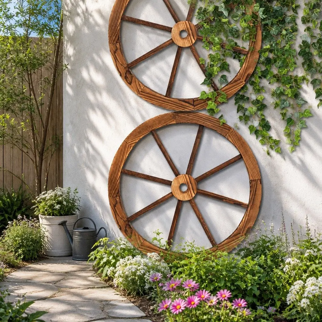 Garden Ornament Rustic Wooden Wagon Wheel 60cm Indoor Outdoor Decor