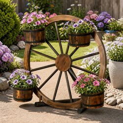 Garden Ornament Wooden Wagon Wheel Plant Stand Outdoor Decor 80cm Rustic
