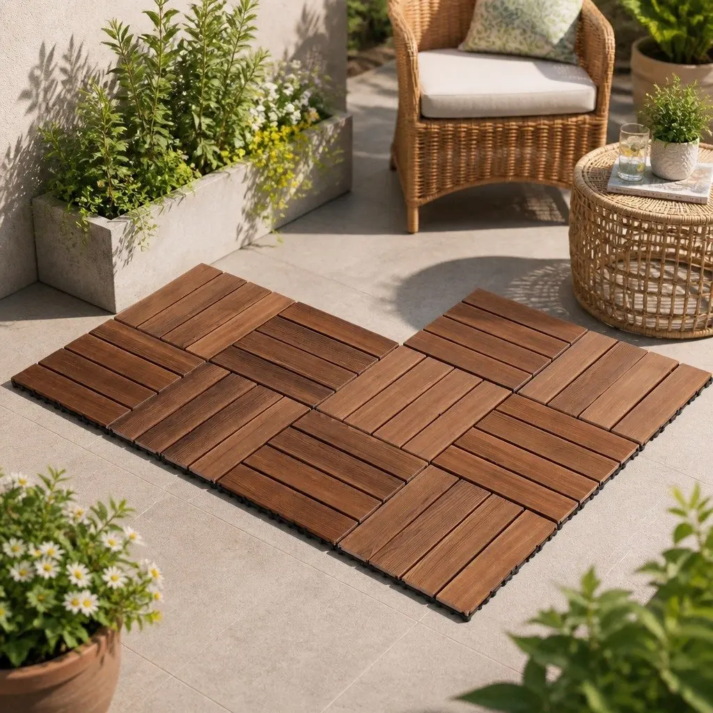 Wood Deck Tiles Interlocking Floor Tiles for Patio Balcony Garden 30x30cm Brown