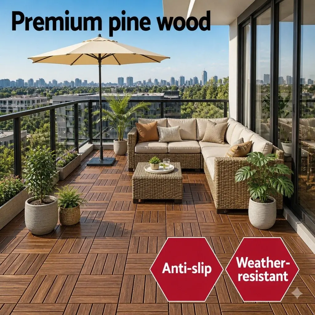Wood Deck Tiles Interlocking Floor Tiles for Patio Balcony Garden 30x30cm Brown