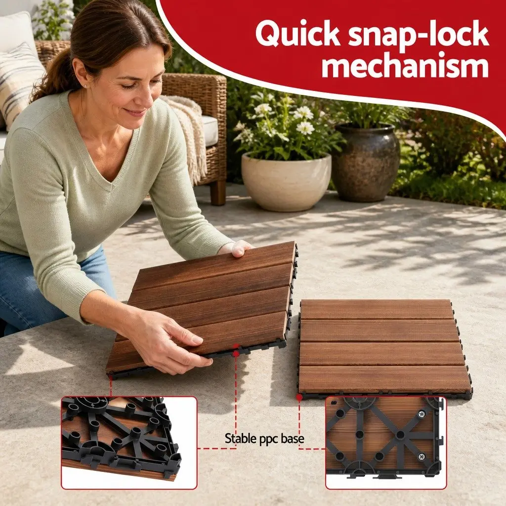 Wood Deck Tiles Interlocking Floor Tiles for Patio Balcony Garden 30x30cm Brown