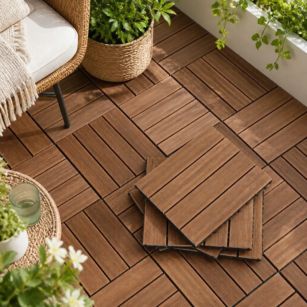 Wood Deck Tiles Interlocking Floor Tiles for Patio Balcony Garden 30x30cm Brown