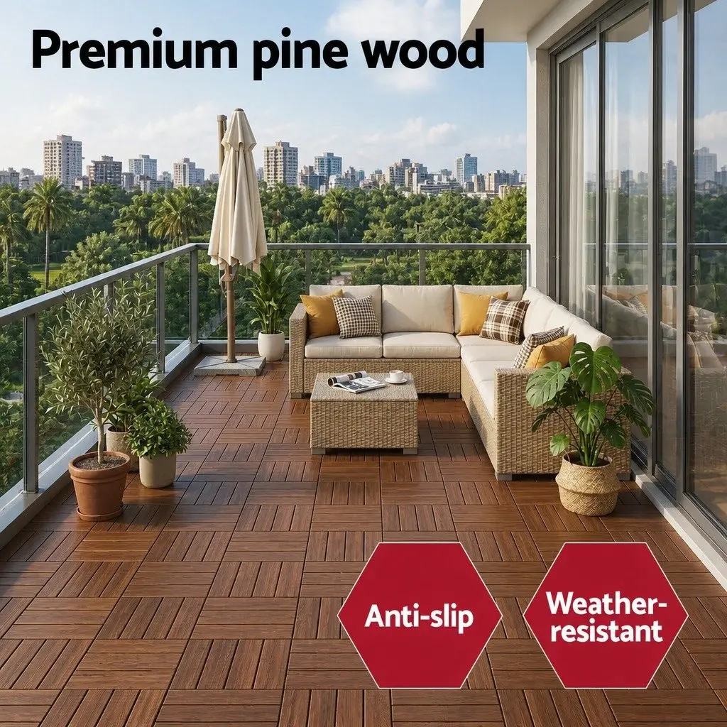 Wood Deck Tiles Interlocking Patio Balcony Garden Floor 30x30cm Brown