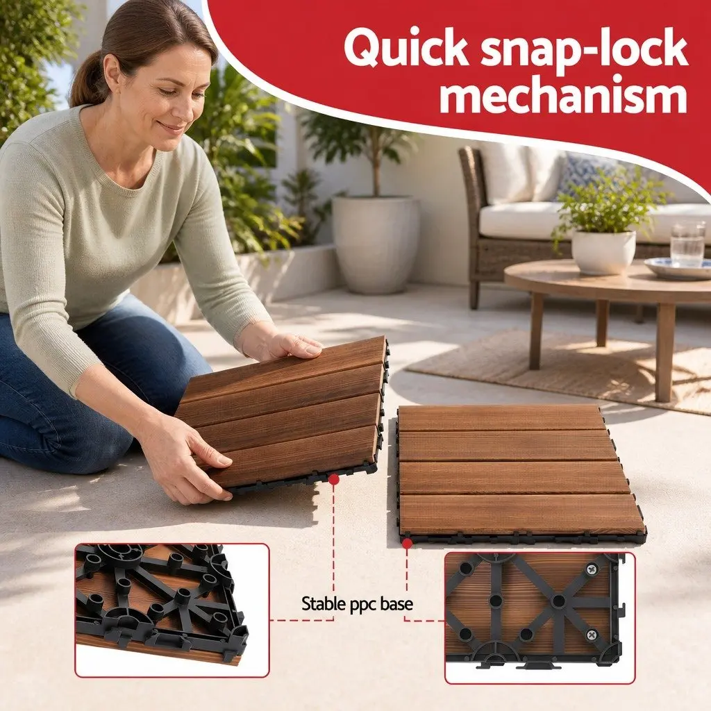 Wood Deck Tiles Interlocking Patio Balcony Garden Floor 30x30cm Brown