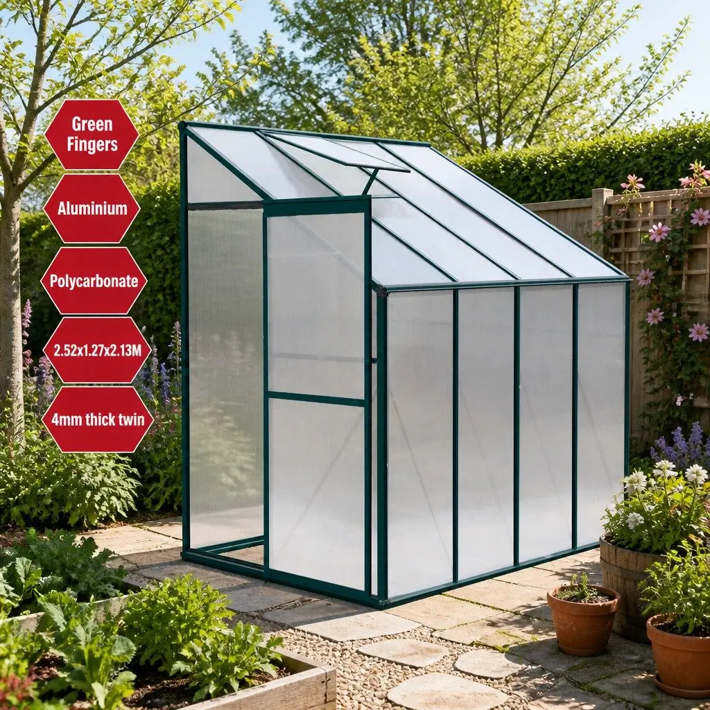 Aluminium Lean-to Greenhouse 2.52x1.27x2.13M Polycarbonate Green Plant House
