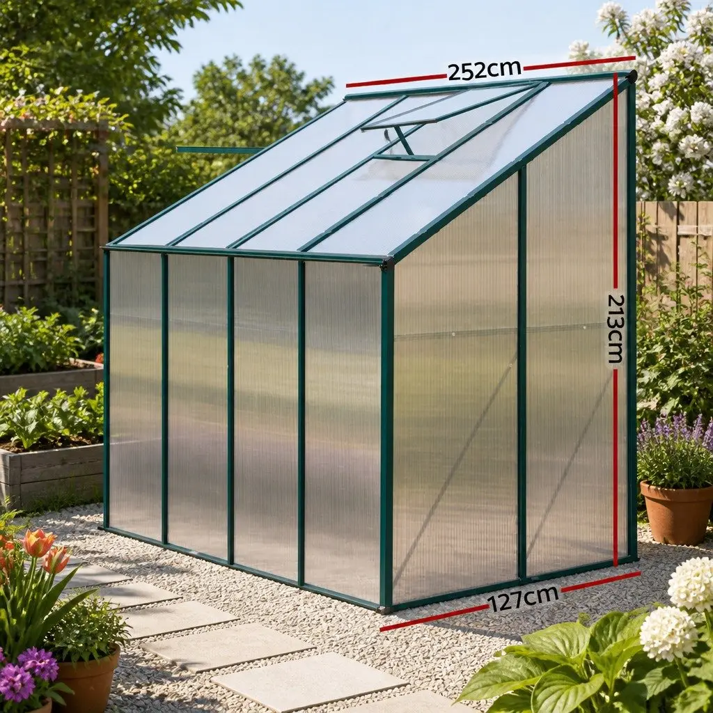 Aluminium Lean-to Greenhouse 2.52x1.27x2.13M Polycarbonate Green Plant House