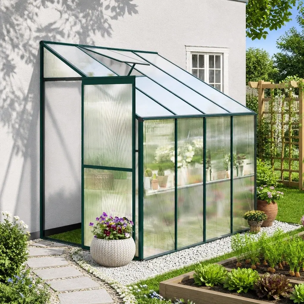 Aluminium Lean-to Greenhouse 2.52x1.27x2.13M Polycarbonate Green Plant House