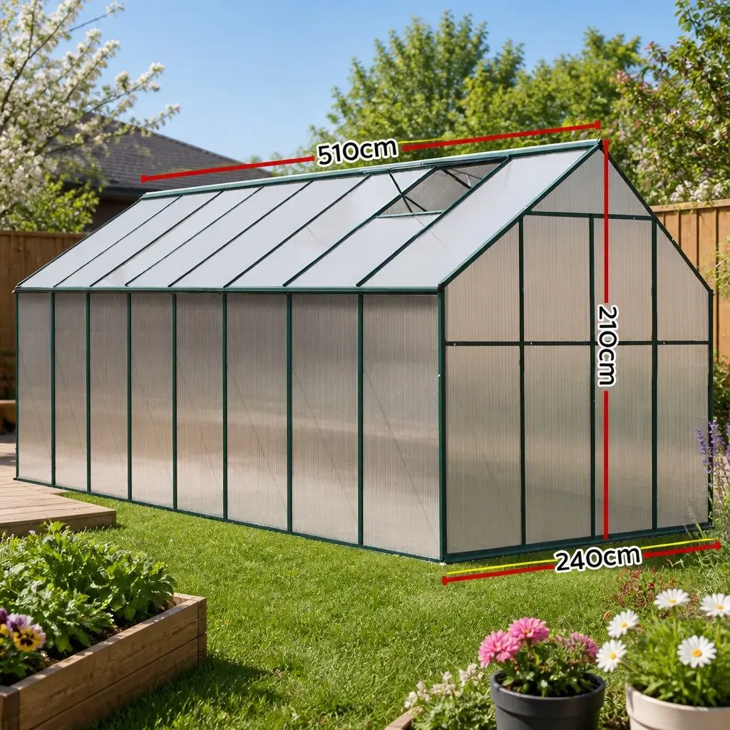 Greenhouse Aluminium Polycarbonate 5.1x2.44x2.1M Garden Plant Growing Shed Green