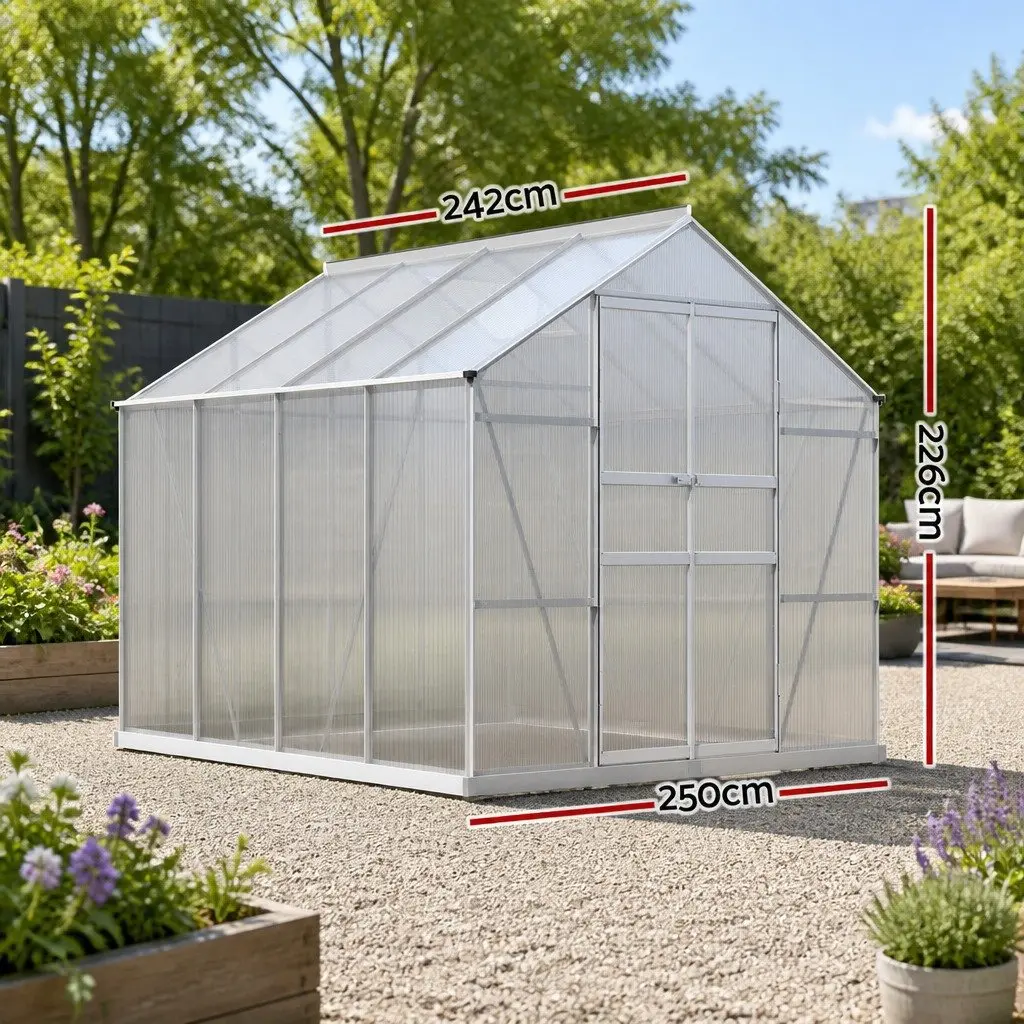 Aluminium Greenhouse for Plant Gardening 2.42x2.5x2.26M Silver Double Doors Polycarbonate