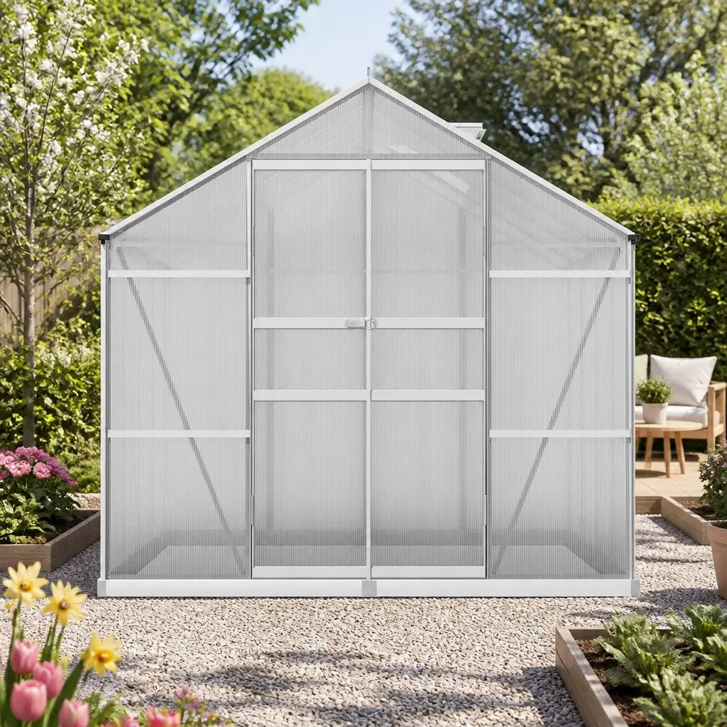 Aluminium Greenhouse for Plant Gardening 2.42x2.5x2.26M Silver Double Doors Polycarbonate