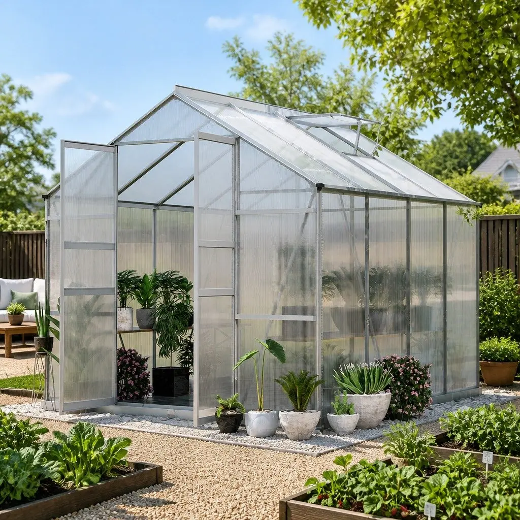 Aluminium Greenhouse for Plant Gardening 2.42x2.5x2.26M Silver Double Doors Polycarbonate