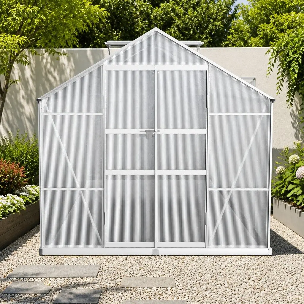 Aluminium Greenhouse 4.1x2.5x2.26M Garden Shed Polycarbonate Panels Double Doors