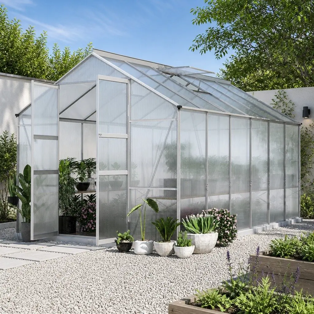 Aluminium Greenhouse 4.1x2.5x2.26M Garden Shed Polycarbonate Panels Double Doors